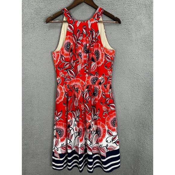 Eliza J dress womens 8 red floral‎ abstract pleated art beach resort halter tie - Picture 1 of 9